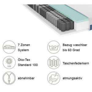 Schlaraffia Taschenfederkernmatratze Impulse 250 Tfk, Weiß, Blau, Textil, H4 + H5, 180x200 cm, Härtegradauswahl, Bezug abnehmbar/waschbar, atmungsaktiv, schadstoffgeprüft, Schlafzimmer, Matratzen