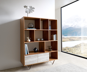 Highboard Kleo 115x150 cm Akazie Natur 2 Türen V-Fuß Edelstahl