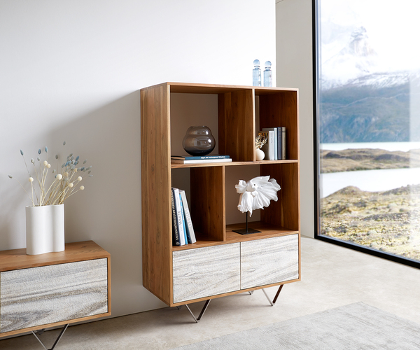 Bild 1 von Highboard Kleo 90x130 cm Akazie Natur 2 Türen V-Fuß Edelstahl