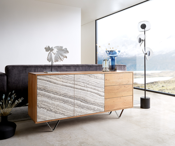 Bild 1 von Sideboard Kleo 147 cm Akazie Natur 2 Türen 3 Schübe V-Fuß Edelstahl