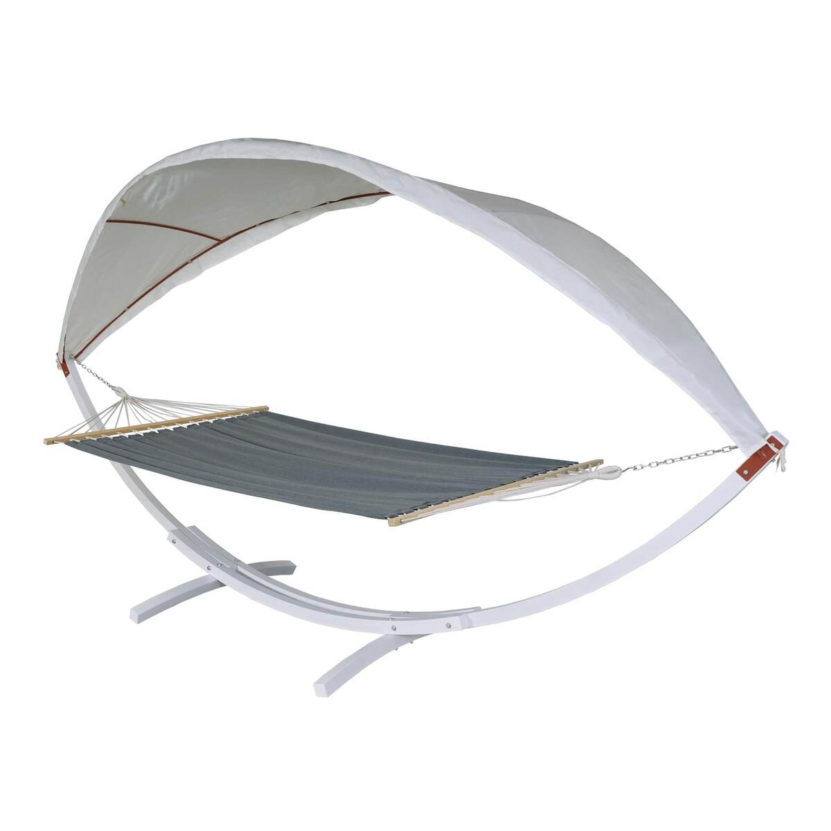 Bild 1 von Hängematte MCW-J47, Hängeschaukel bis 200kg Sonnendach MVG-Holzgestell 420cm 2 Personen ~ weiß, grau