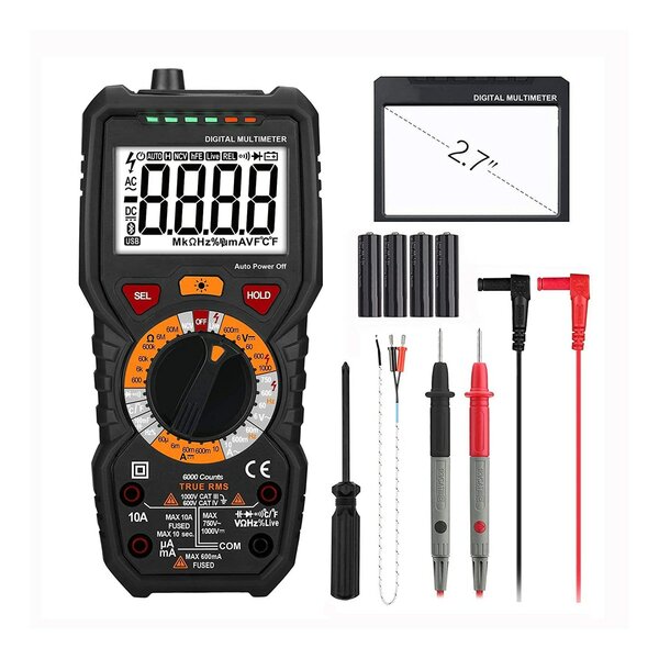 Bild 1 von Digital Multimeter, Strommessgerät mit 6000 Counts, True RMS, Temperaturmessung, Durchgangsprüfung, Außenleiter-Identifizierung, Hintergrundbeleuchtung