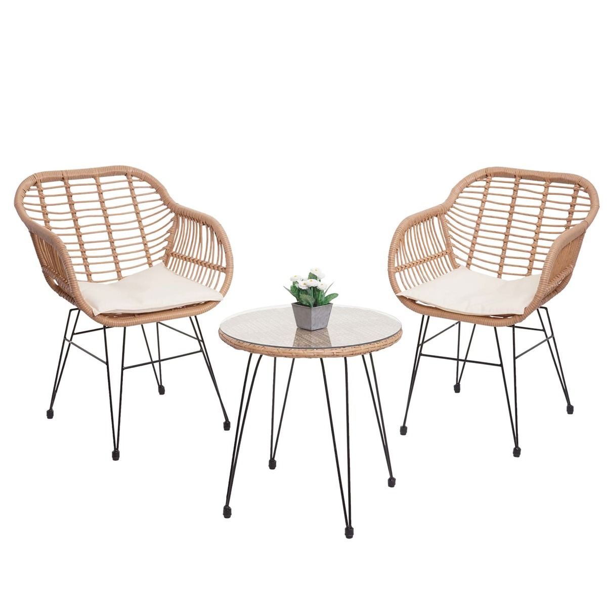 Bild 1 von Poly-Rattan Garnitur MCW-G17, Balkon-Set Gartengarnitur Sitzgruppe Stuhl, Seil ~ naturfarben, Kissen creme