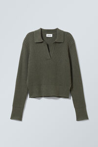 Weekday Gerippter Pullover mit Pikeekragen Halima Gedecktes Dunkelgrün in Größe XL. Farbe: Dark dusty green