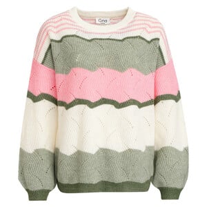 Damen Strickpullover mit Ajour-Muster OLIV / CREME / ROSA