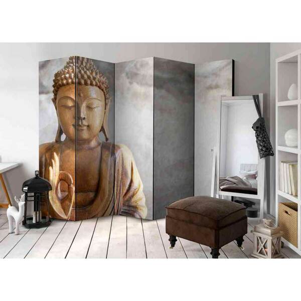Bild 1 von 5 teiliger Paravent mit Buddha hell Grau und Braun