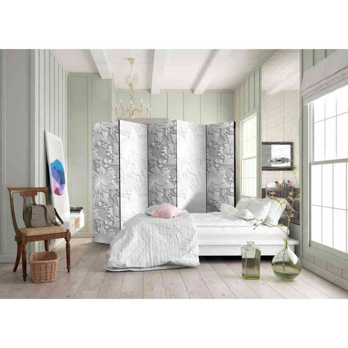 Bild 1 von Paravent Trennwand mit Blättern und Ranken in Stuck Optik hell Grau