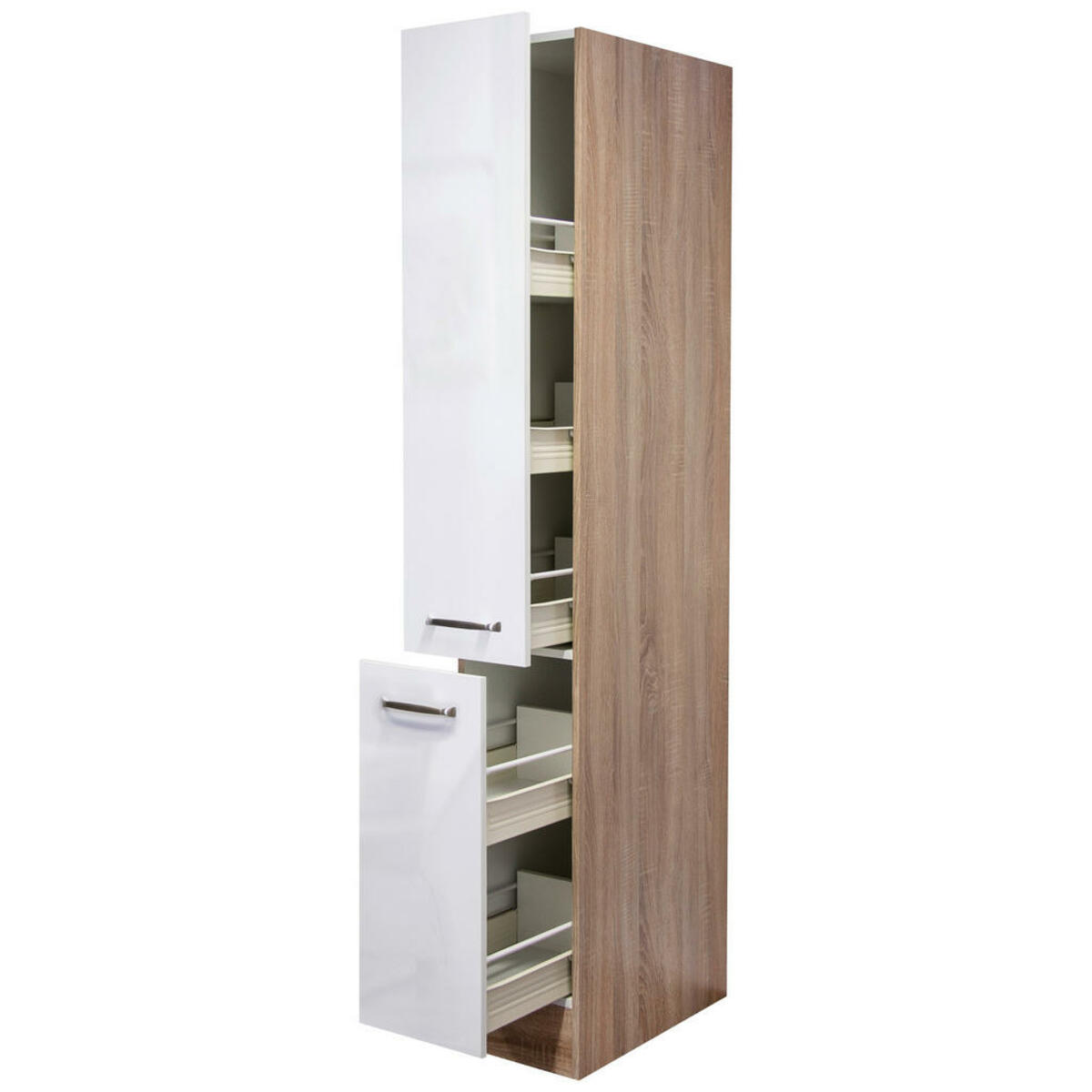 Bild 1 von FlexWell Apothekerschrank, Sonoma Eiche, Weiß Hochglanz, Metall, einzeln stellbar, 30x200x57 cm, Made in Germany, individuell planbar, Küchen, Küchenmöbel, Küchenschränke, Apothekerschränke