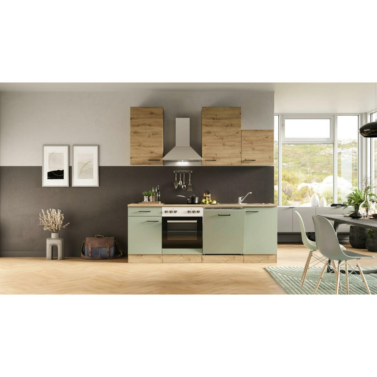 Bild 1 von FlexWell Küchenblock, Grün, Eiche Artisan, Metall, 1 Schubladen, einmalig seitenverkehrt montierbar, nur wie online abgebildet bestellbar, 220 cm, Made in Germany, links aufbaubar, rechts aufbaubar