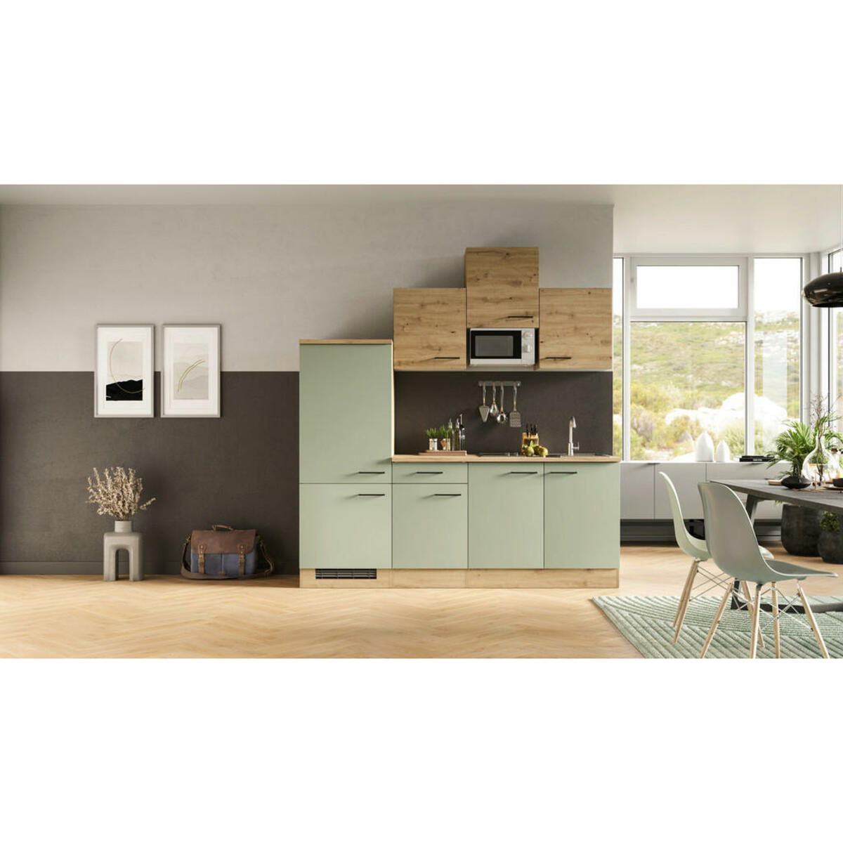 Bild 1 von FlexWell Küchenblock, Grün, Eiche Artisan, Metall, 1,1 Schubladen, einmalig seitenverkehrt montierbar, nur wie online abgebildet bestellbar, 210 cm, Made in Germany, links aufbaubar, rechts aufbaub