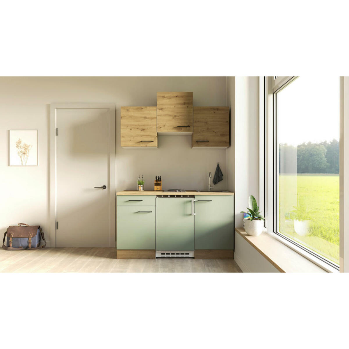 Bild 1 von FlexWell Miniküche, Grün, Eiche Artisan, Metall, 1,1 Schubladen, einmalig seitenverkehrt montierbar, nur wie online abgebildet bestellbar, 150.5 cm, Made in Germany, links aufbaubar, rechts aufbaub