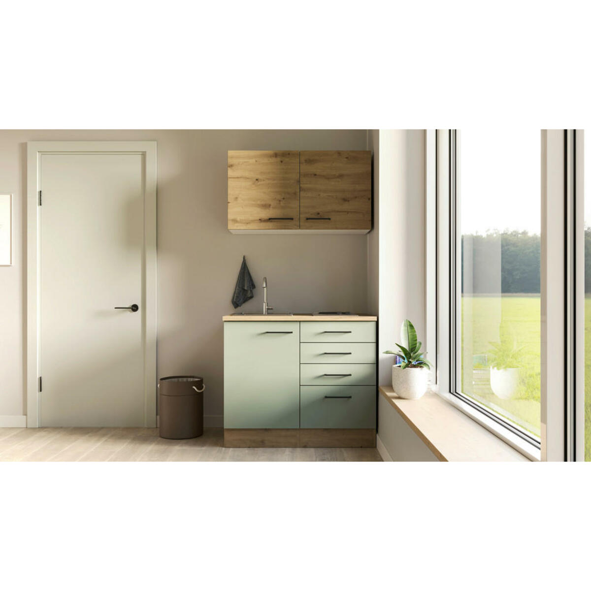 Bild 1 von FlexWell Miniküche, Grün, Eiche Artisan, Metall, 3 Schubladen, einmalig seitenverkehrt montierbar, nur wie online abgebildet bestellbar, 100 cm, Made in Germany, Zusatzausstattung erhältlich, link