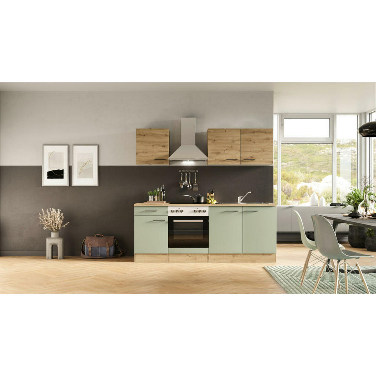 Bild 1 von FlexWell Küchenblock, Grün, Eiche Artisan, Metall, 1 Schubladen, einmalig seitenverkehrt montierbar, nur wie online abgebildet bestellbar, 210 cm, Made in Germany, links aufbaubar, rechts aufbaubar