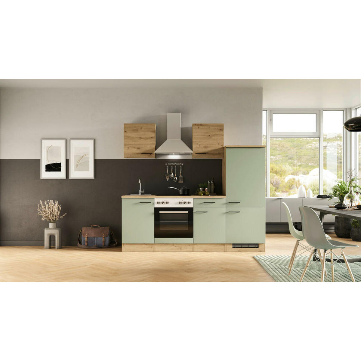 Bild 1 von FlexWell Küchenblock, Grün, Eiche Artisan, Metall, 1,1 Schubladen, einmalig seitenverkehrt montierbar, nur wie online abgebildet bestellbar, 220 cm, Made in Germany, links aufbaubar, rechts aufbaub