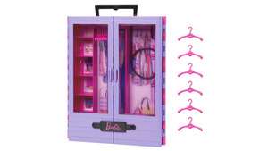 Barbie Kleiderschrank mit Tragegriff (lila/rosa) ausklappbar mit Zubehör