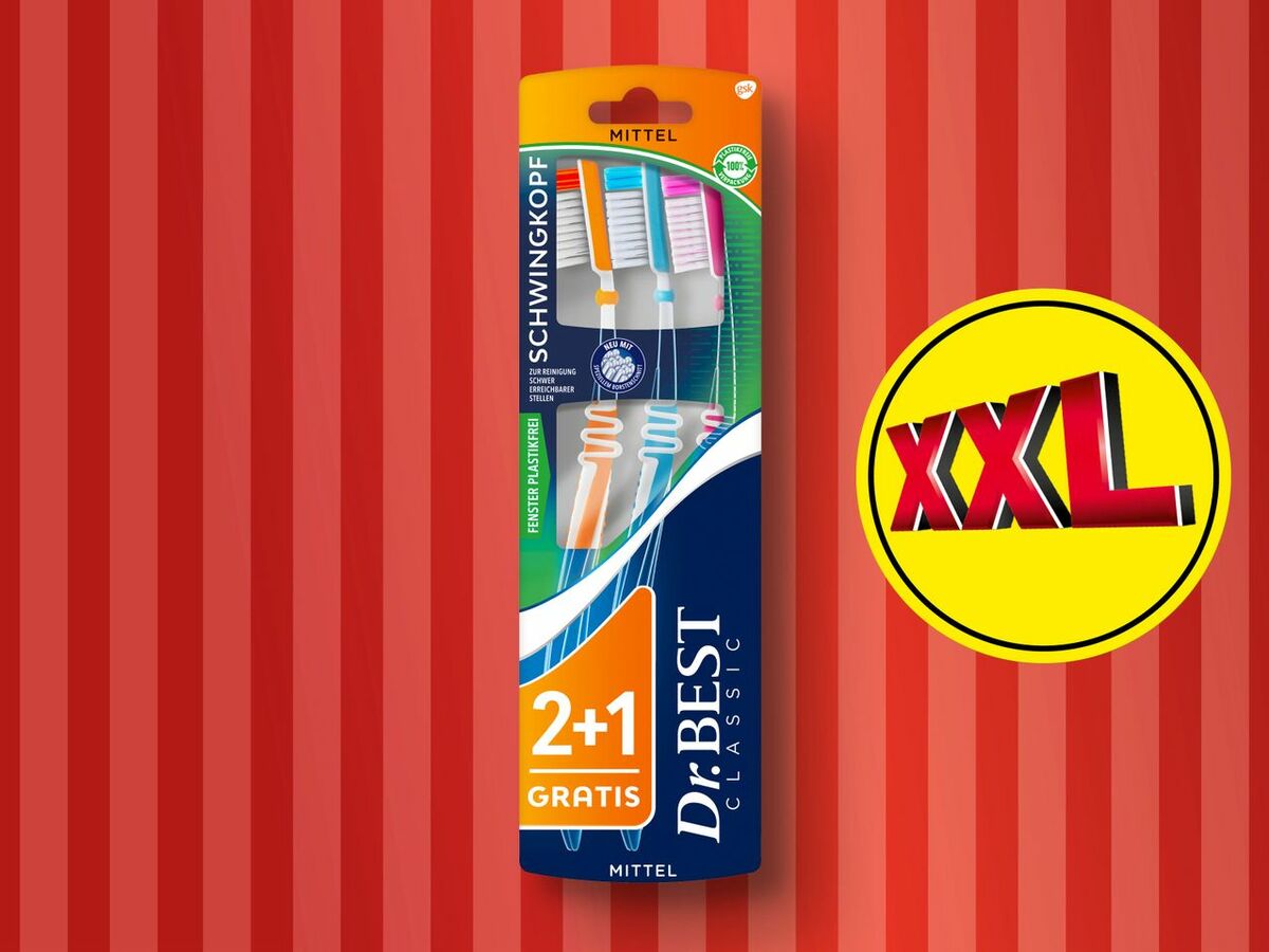 Bild 1 von Dr. Best Classic Zahnbürste Schwingkopf mittel 2+1 XXL, 
         3 Stück