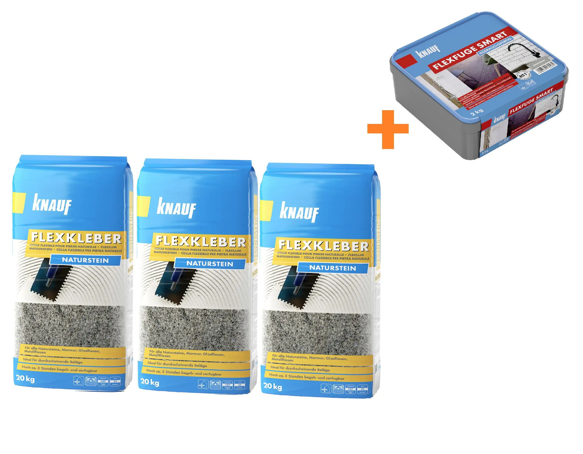 Knauf Flexkleber Naturstein 20 kg 3 Stück mit Fugenmörtel Flexfuge
