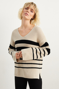 C&A Pullover mit V-Ausschnitt-gerippt-gestreift, Beige, Größe: XS