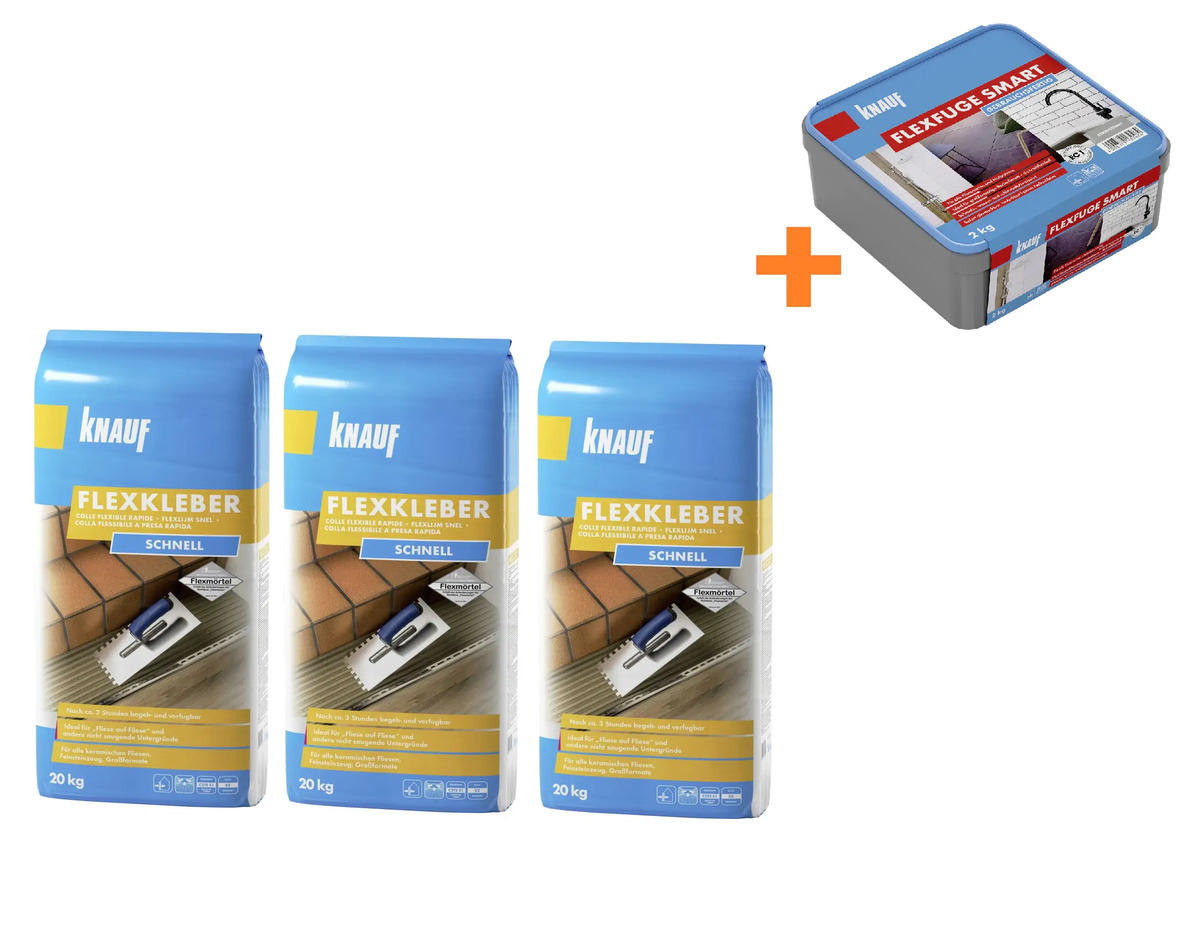 Bild 1 von Knauf Flexkleber Schnell 20 kg 3 Stück mit Fugenmörtel Flexfuge Smart zementgrau 2 kg