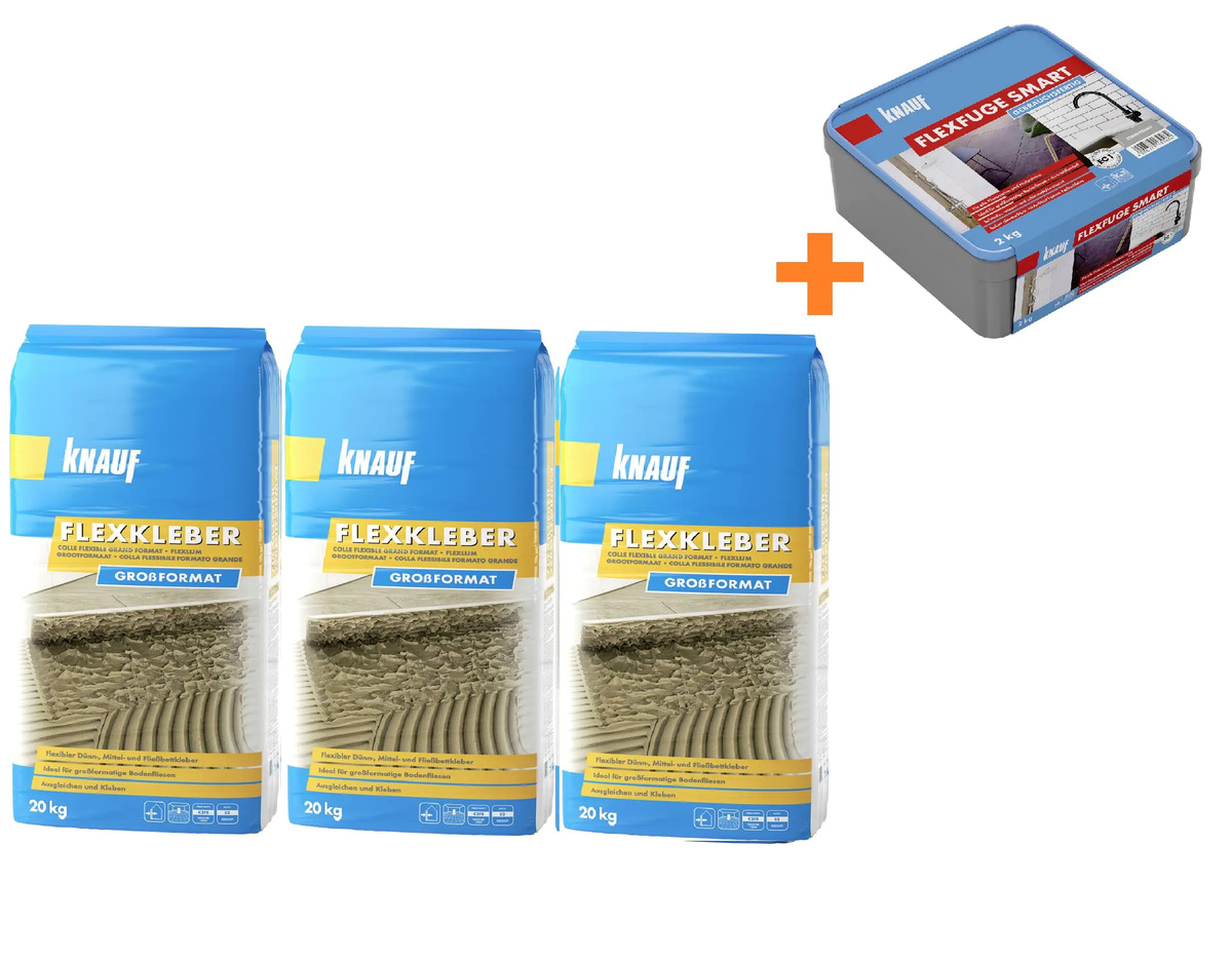 Bild 1 von Knauf Flexkleber Extra 20 kg 3 Stück mit Fugenmörtel Flexfuge Smart zementgrau 2 kg