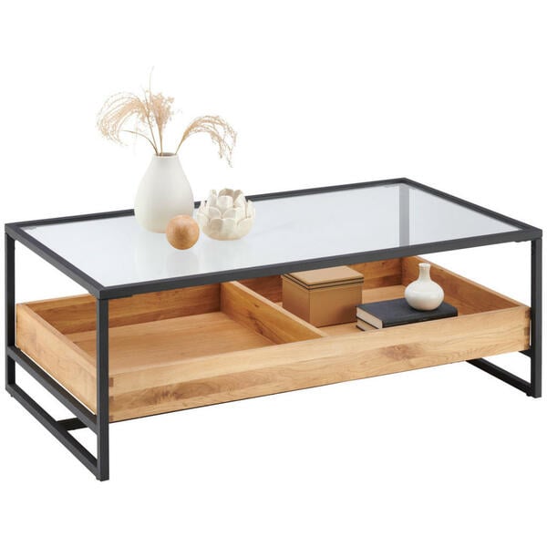 Bild 1 von Hom`in Couchtisch, Klar, Schwarz, Eiche, Holz, Metall, Glas, Eiche, furniert, massiv, rechteckig, Kufe, U-Form, 40x60 cm, Stauraum, Wohnzimmer, Wohnzimmertische, Couchtische, Couchtische mit Stauraum