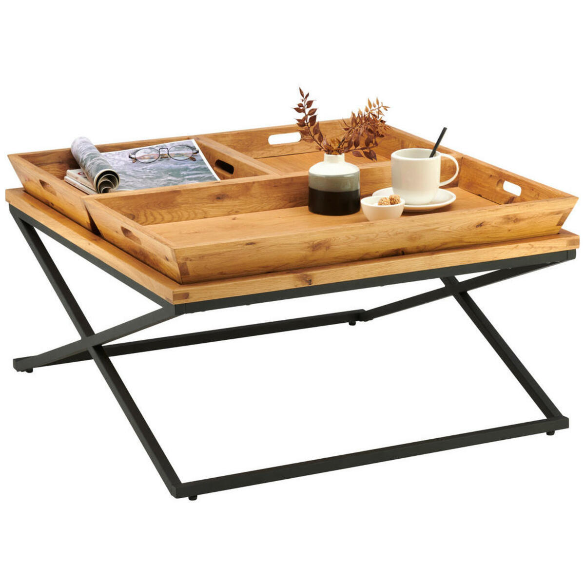 Bild 1 von Hom`in Couchtisch, Schwarz, Eiche, Holz, Metall, Eiche, furniert, massiv, quadratisch, eckig, 38x80 cm, abnehmbares Tablett, Wohnzimmer, Wohnzimmertische, Couchtische, Metall-Couchtische