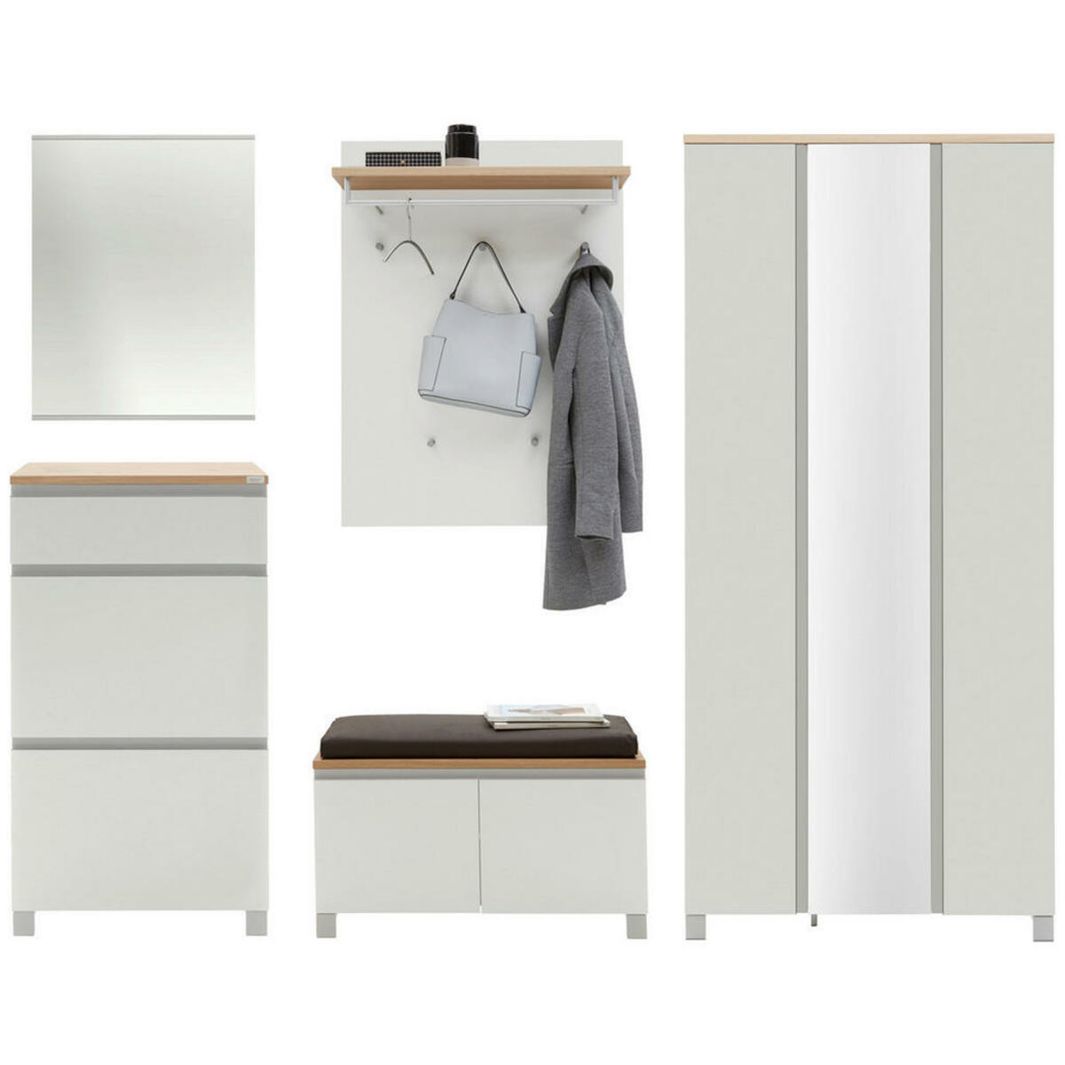 Bild 1 von Dieter Knoll Garderobe, Silber, Weiß, Eiche, Holz, Metall, 6-teilig, Balkeneiche, furniert, 270x195x40 cm, Garderobe, Garderoben-Sets