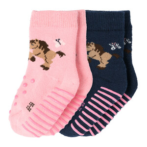 2 Paar Baby Krabbel-Socken mit Pferden ROSA / DUNKELBLAU