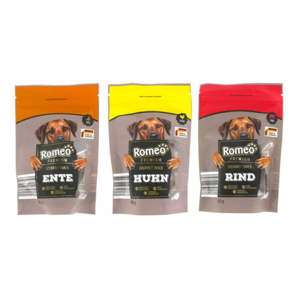 Bild 1 von Premium Gourmet Hunde-Snack-Mix, 12 x 80 g (4 x Rind, 4 x Ente, 4 x Huhn)