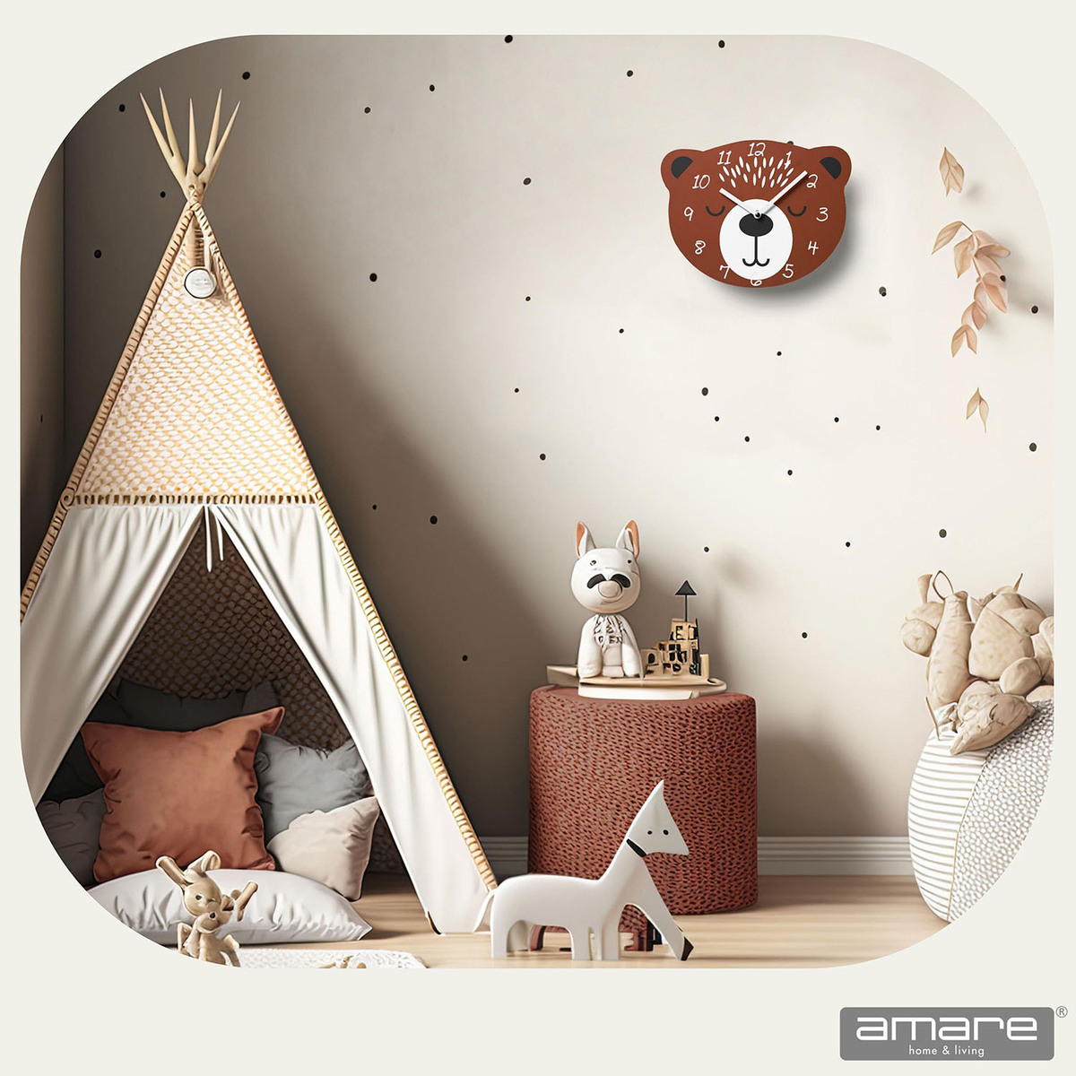 Bild 2 von AMARE Wanduhr Kinderdesign Bär, 30 x 2 cm in Braun