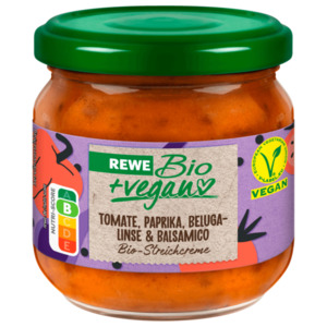 REWE Bio + vegan Streichcreme Tomate, Paprika, Belugalinse & Balsamico 180g