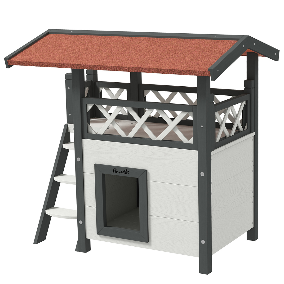 Bild 1 von PawHut Katzenhaus mit Asphaltdach, 2-stöckig, Katzenhütte mit Balkon, Katzenvilla mit Treppe, Massivholz, Weiß, 77 x 50 x 73 cm
