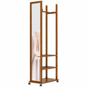 HOMCOM Standspiegel, Ganzkörperspiegel mit Ständer, 24,8 x 153,8 cm Garderobenspiegel mit Rollen, Garderobe mit 3 Ebenen, Kleiderstange, Walnuss