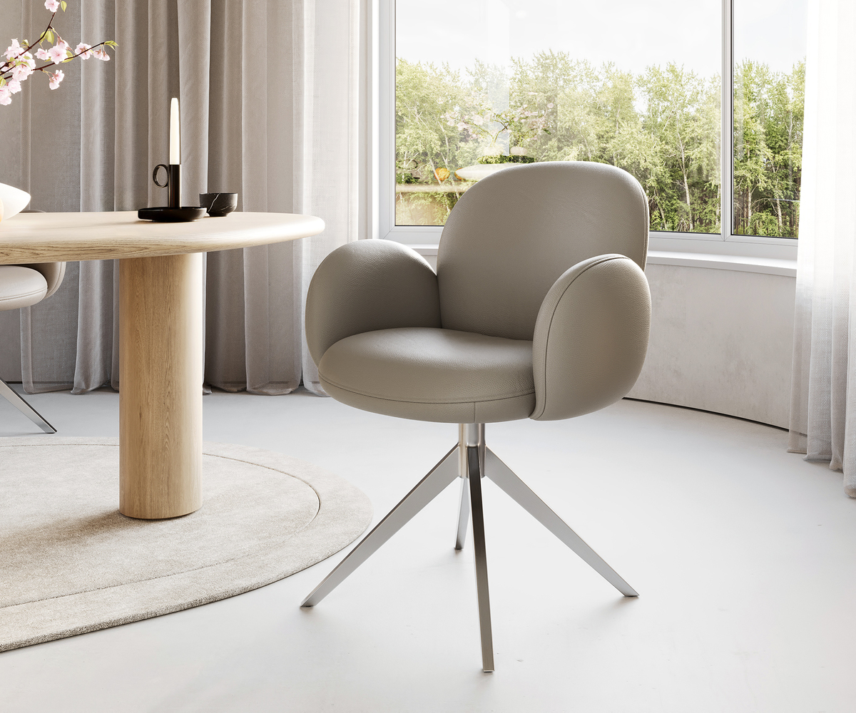 Bild 1 von Drehstuhl Nube-Flex mit Armlehnen Echt-Leder Schlamm Kreuzgestell breit Edelstahl 360° drehbar Taschenfederkern