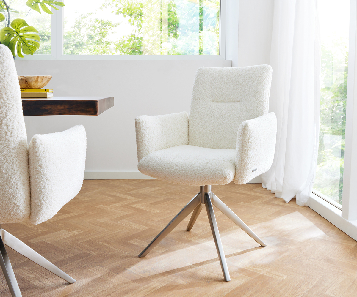 Bild 1 von Drehstuhl Jova-Flex mit Armlehnen Bouclé Weiß Kreuzgestell breit Edelstahl 360° drehbar Taschenfederkern