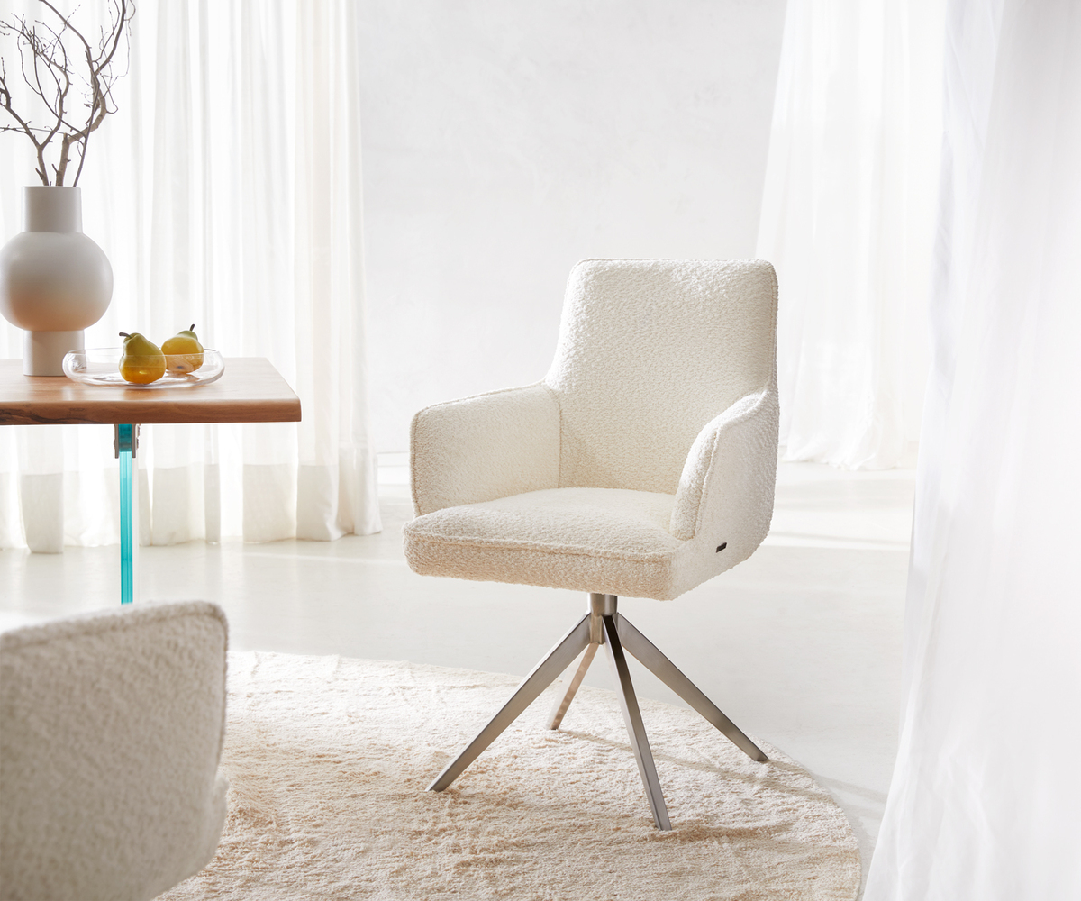 Bild 1 von Drehstuhl Heira-Flex mit Armlehnen Bouclé Weiß Kreuzgestell breit Edelstahl 360° drehbar Taschenfederkern