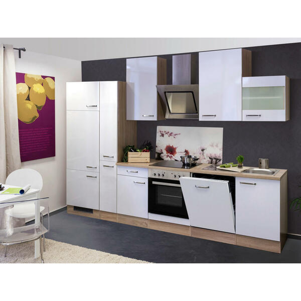 Bild 1 von FlexWell Küchenblock, Sonoma Eiche, Weiß Hochglanz, Metall, 1,1 Schubladen, einmalig seitenverkehrt montierbar, nur wie online abgebildet bestellbar, A, 310 cm, links aufbaubar, rechts aufbaubar, K