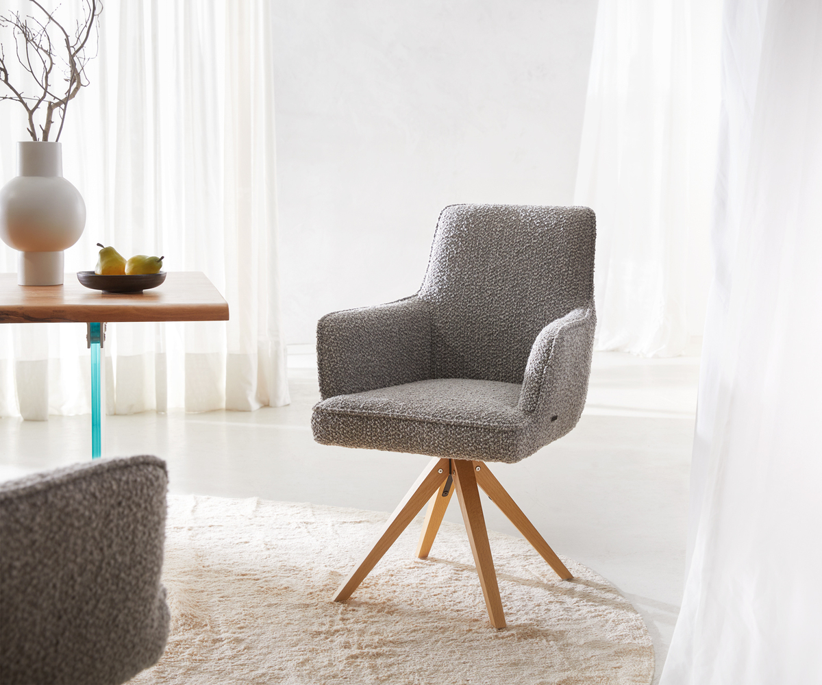 Bild 1 von Drehstuhl Heira-Flex mit Armlehnen Bouclé Silbergrau Holzgestell kantig Natur 180° drehbar Taschenfederkern