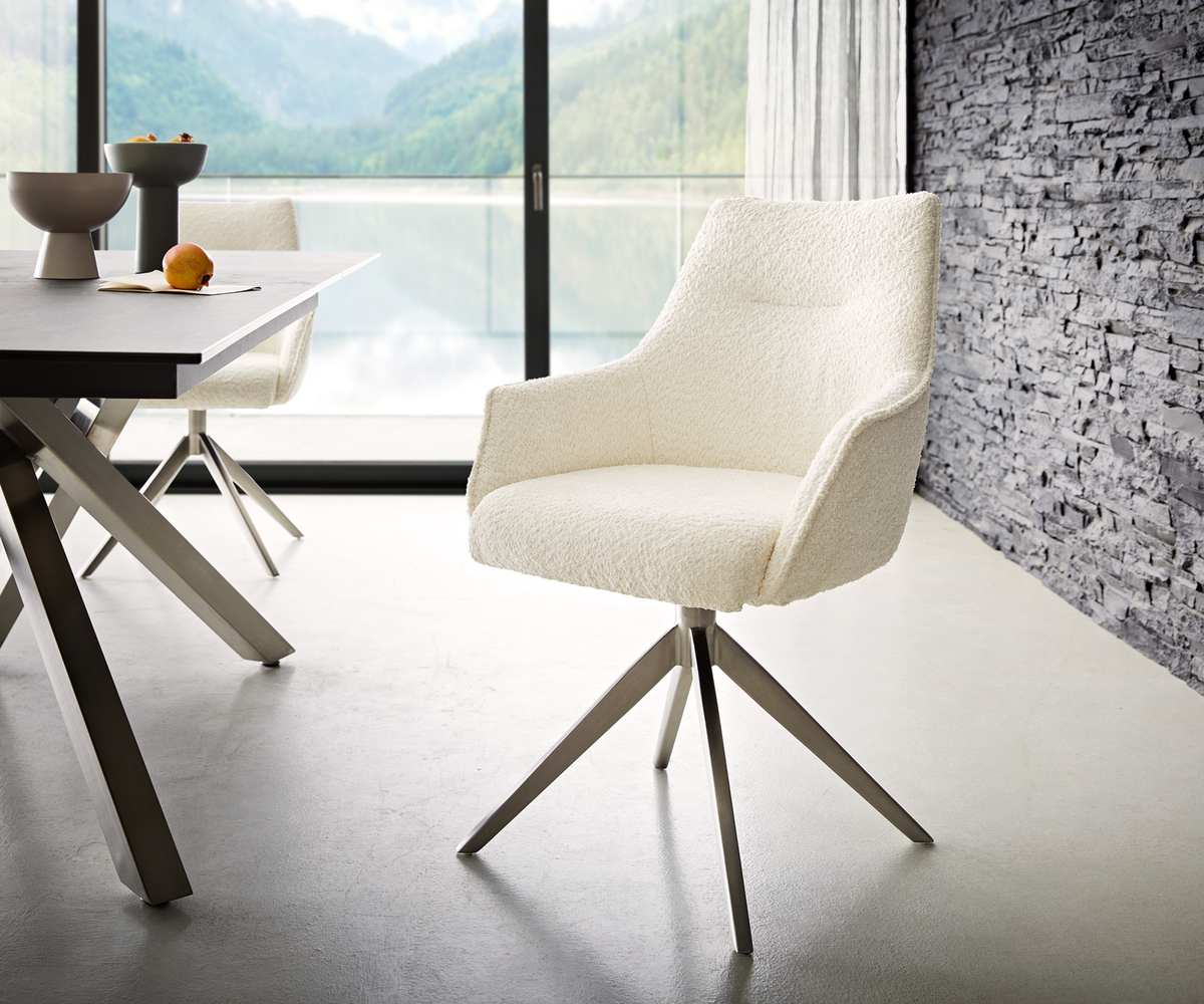 Bild 1 von Drehstuhl Alja-Flex mit Armlehnen Bouclé Weiß Kreuzgestell breit Edelstahl 360° drehbar Taschenfederkern