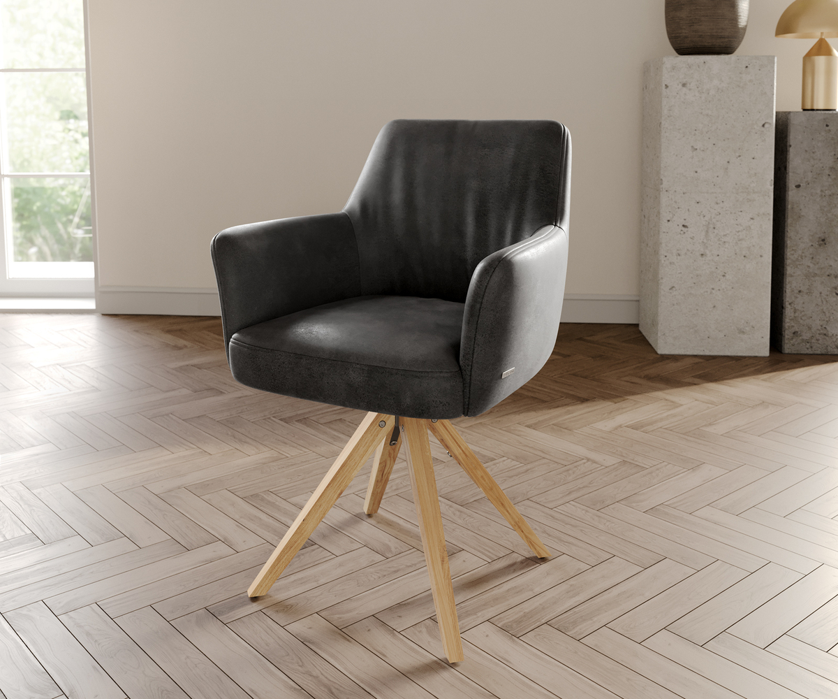 Bild 1 von Drehstuhl Xana-Flex mit Armlehnen Anthrazit Vintage Holzgestell kantig Natur 180° drehbar Taschenfederkern