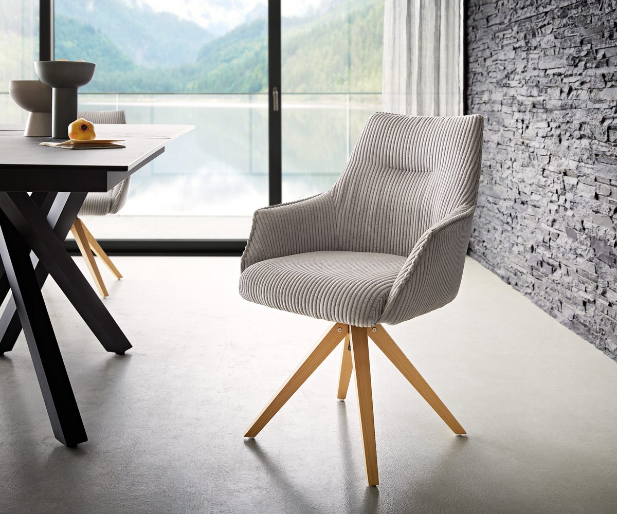 Bild 1 von Drehstuhl Alja-Flex mit Armlehnen Cord Silbergrau Holzgestell kantig Natur 180° drehbar Taschenfederkern