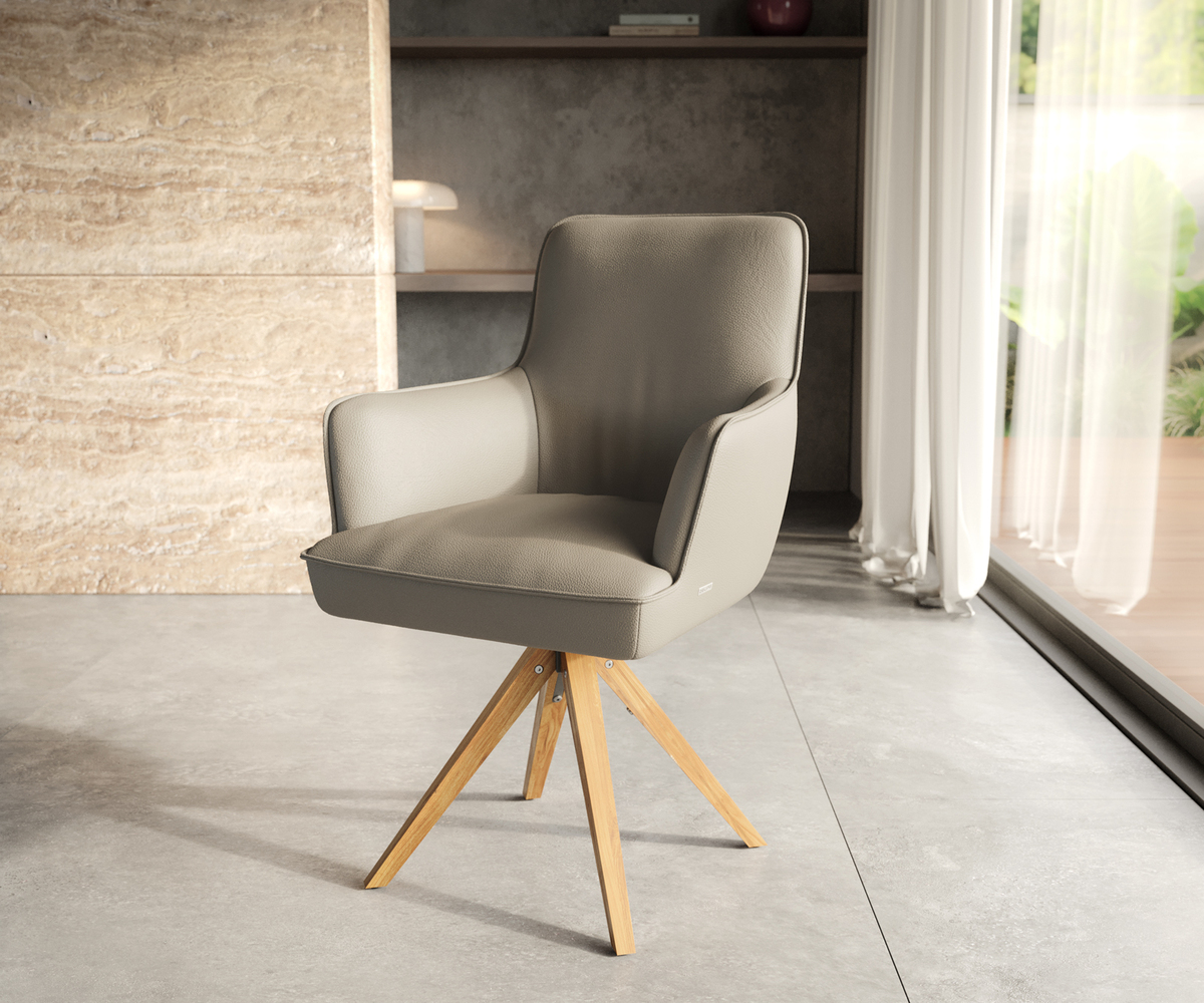 Bild 1 von Drehstuhl Heira-Flex mit Armlehnen Echt-Leder Schlamm Holzgestell kantig Natur 180° drehbar Taschenfederkern