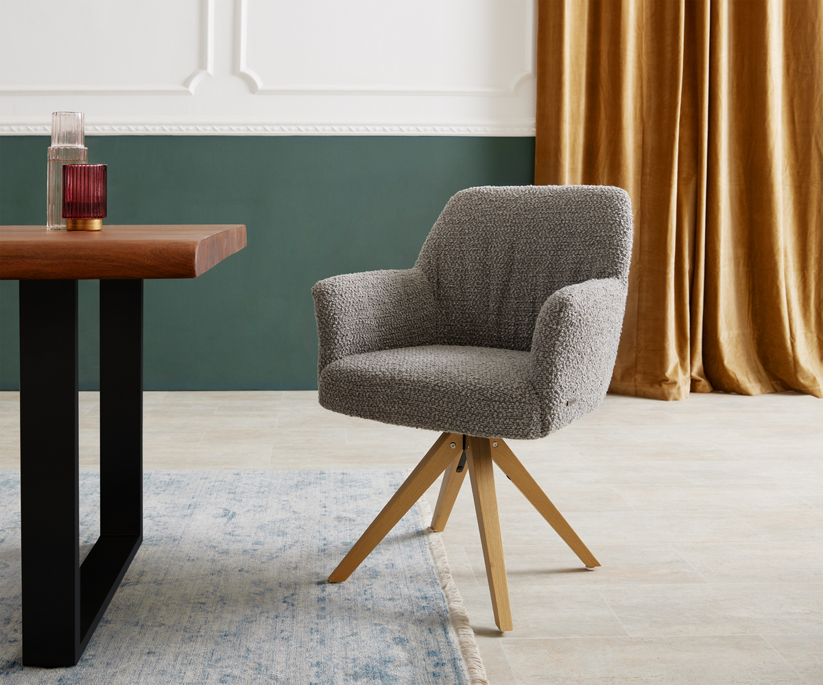 Bild 1 von Drehstuhl Xana-Flex mit Armlehnen Bouclé Silbergrau Holzgestell kantig Natur 180° drehbar Taschenfederkern