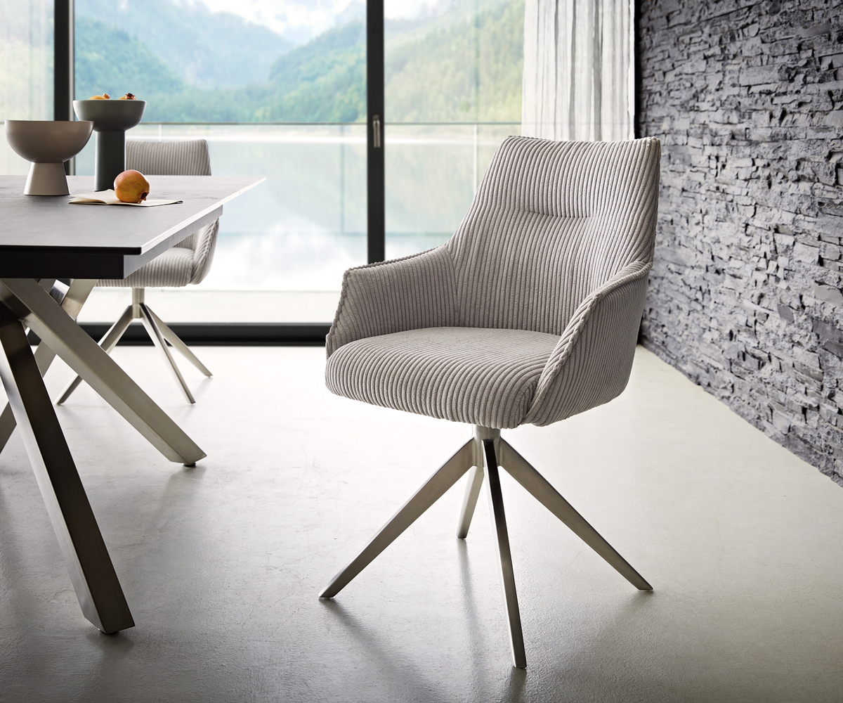 Bild 1 von Drehstuhl Alja-Flex mit Armlehnen Cord Silbergrau Kreuzgestell breit Edelstahl 360° drehbar Taschenfederkern