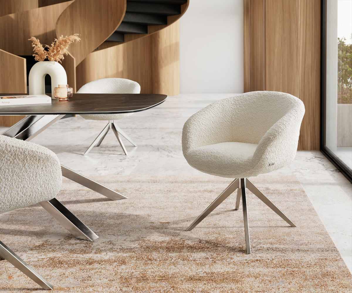 Bild 1 von Drehstuhl Vinka-Flex mit Armlehnen Bouclé Weiß Kreuzgestell breit Edelstahl 360° drehbar Taschenfederkern