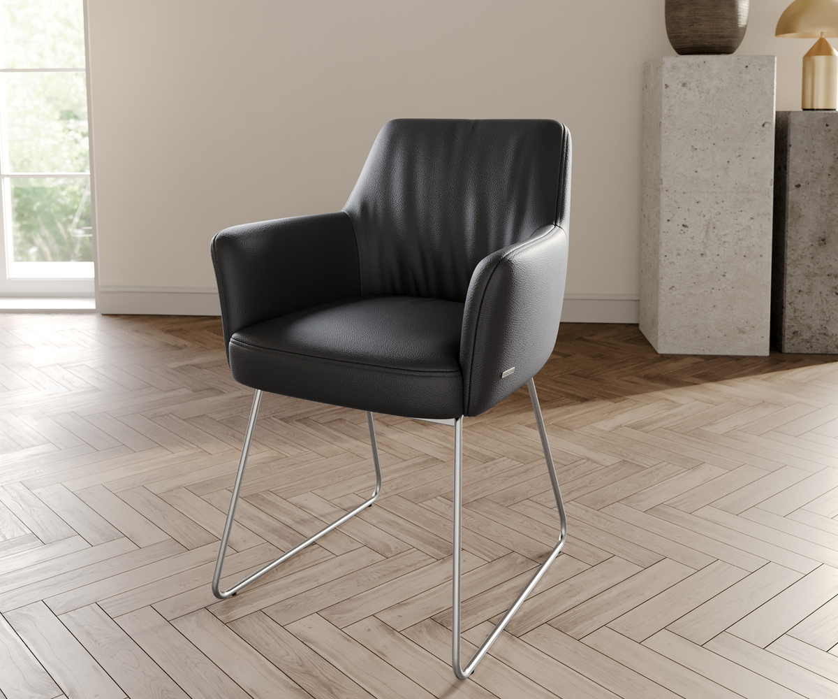 Bild 1 von Armlehnstuhl Xana-Flex Echt-Leder Schwarz Kufengestell Edelstahl Taschenfederkern