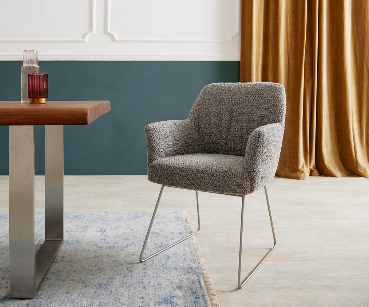 Bild 1 von Armlehnstuhl Xana-Flex Bouclé Silbergrau Kufengestell Edelstahl Taschenfederkern