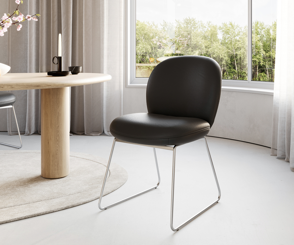 Bild 1 von Esszimmerstuhl Nube-Flex Echt-Leder Schwarz Kufengestell Edelstahl Taschenfederkern