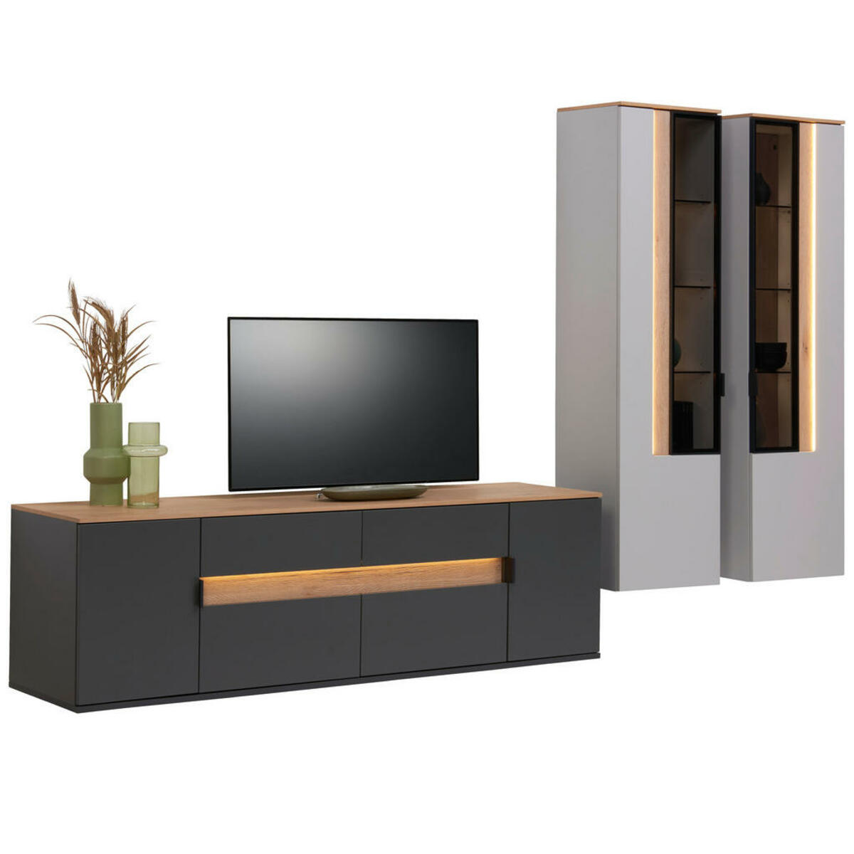 Bild 1 von Dieter Knoll Wohnwand, Anthrazit, Grau, Eiche, Metall, Asteiche, furniert, 10 Fächer, 2 Schubladen, 297x198x48 cm, Typenauswahl, Beimöbel erhältlich, in verschiedenen Holzdekoren erhältlich, Wohn