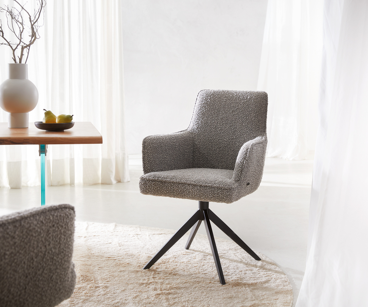Bild 1 von Drehstuhl Heira-Flex mit Armlehnen Bouclé Silbergrau Kreuzgestell breit Schwarz 360° drehbar Taschenfederkern